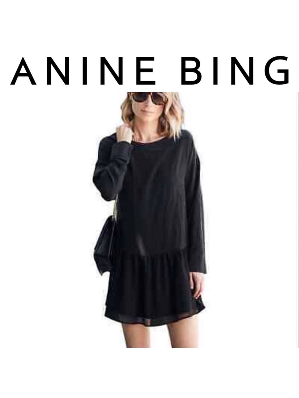 Anine Bing 100% Silk Black Long Sleeve Drop-Waist Mini Dress. Size XS. EUC